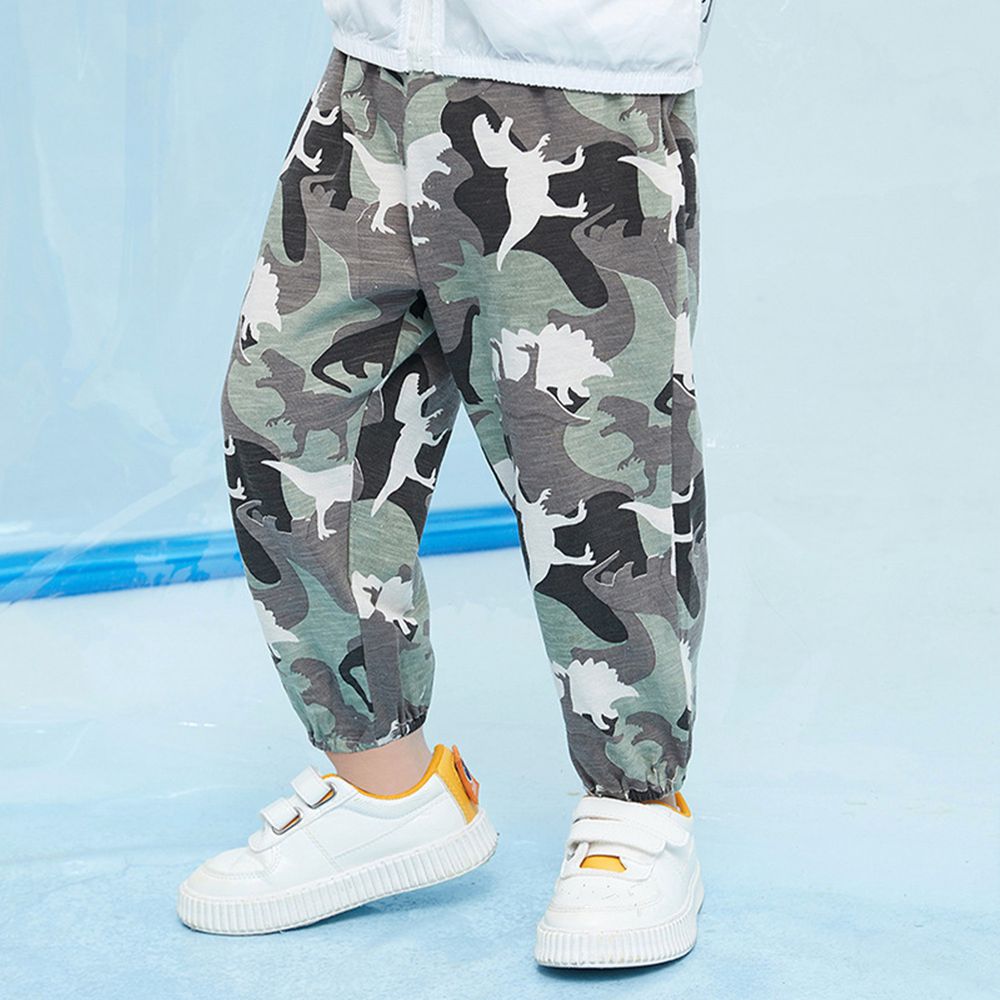 竹節棉束口長褲/防蚊褲-迷彩恐龍-綠+白-專屬團購