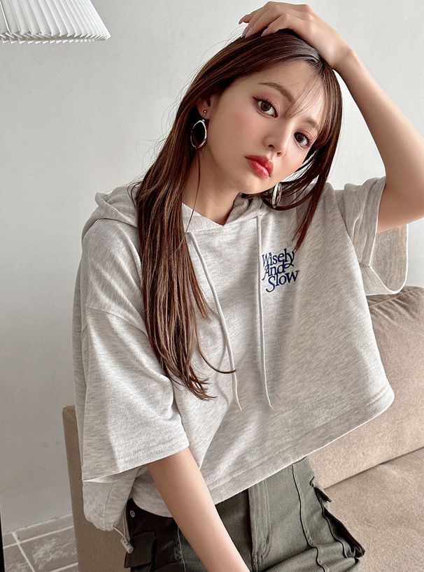 日本 GRL - 棉混刺繡短版連帽上衣-經典黑 (F)