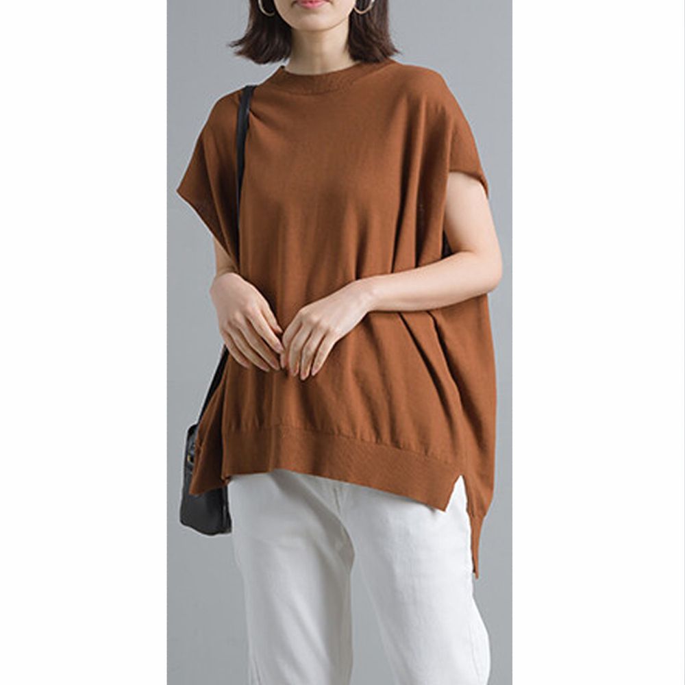 日本 OMNES - 純棉顯瘦二分袖針織上衣-咖啡 (Free)
