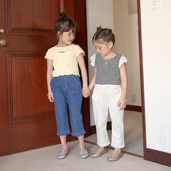 日本 Lycee mine - 彈力舒適荷葉邊七分褲-象牙白