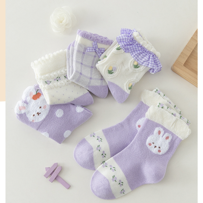 love, charlotte - 秋冬款淺紫色小兔子荷葉花邊中筒襪-5 雙一組