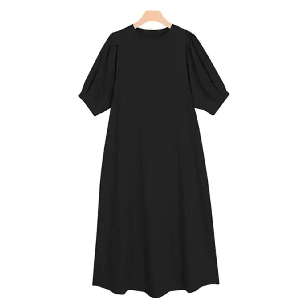 日本 BELLUNA - 圓領簡約法式澎澎短袖洋裝-黑
