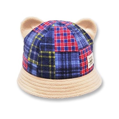 日本 Connect M - 日本製可愛冬帽-小童款-熊耳漁夫帽_紅藍格子-74-2006