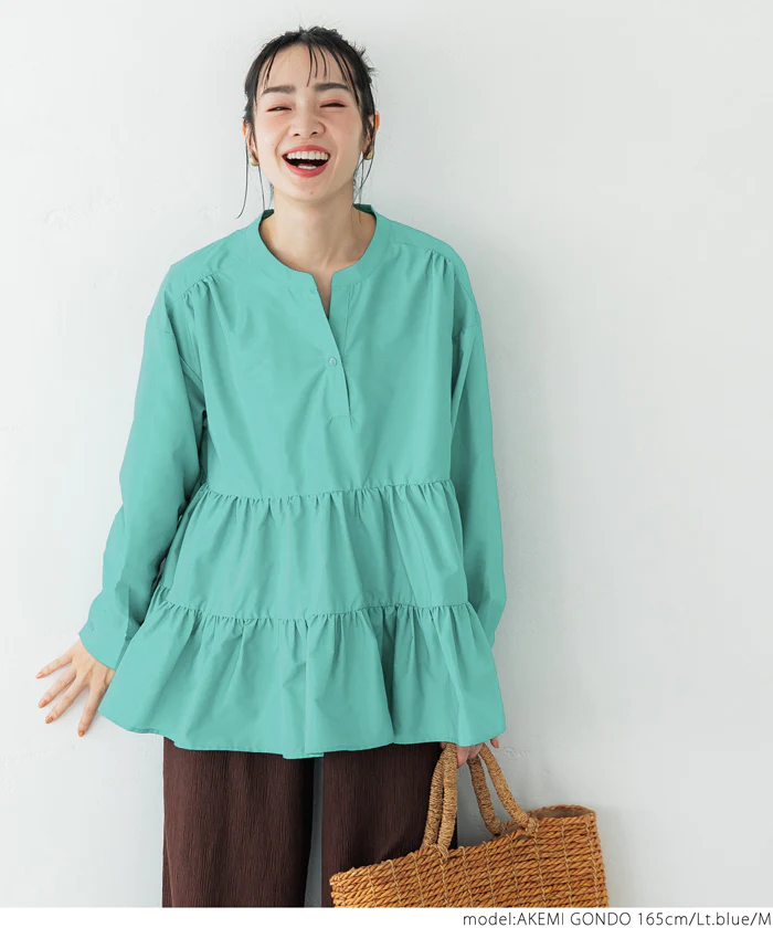 日本 COCA - 氣質蛋糕層次長袖上衣-經典黑