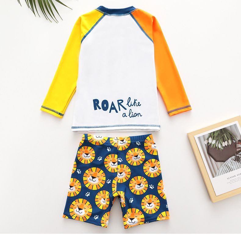 男寶短袖連身泳裝-Q萌獅子-橘+白+黃