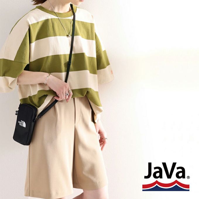 日本 Classical Elf - Java 純棉寬條紋落肩五分袖上衣-咖啡x米杏