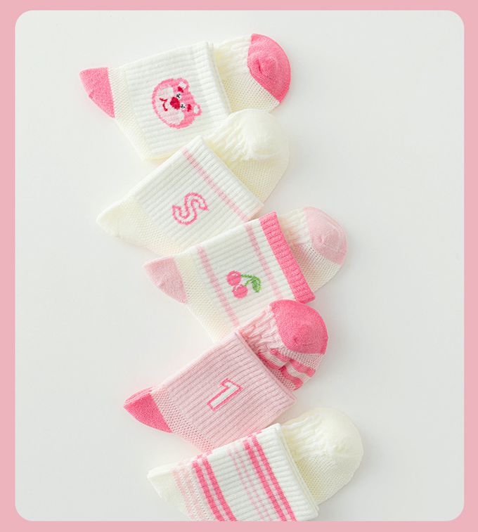 粉紅熊運動風網眼中筒棉襪