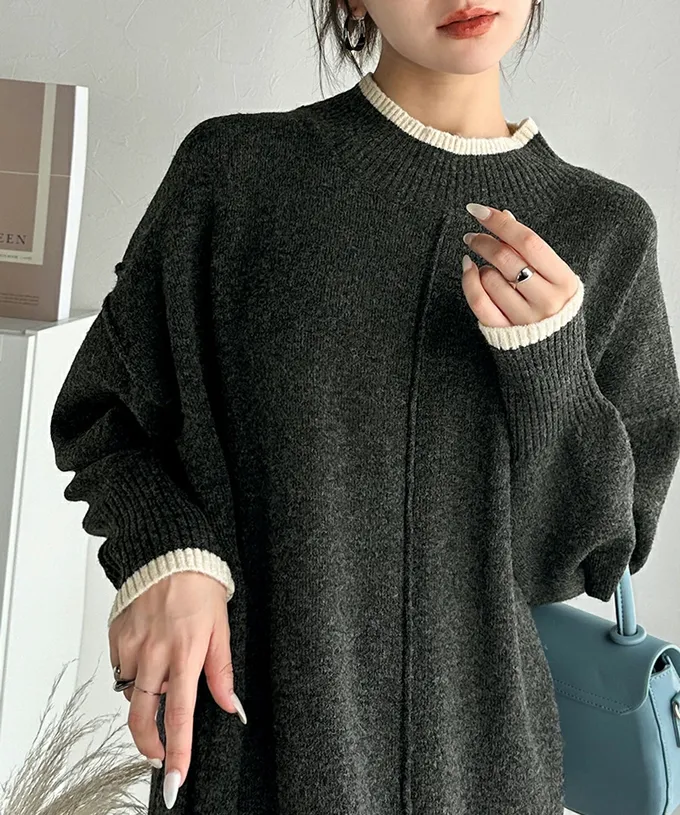 日本 Classical Elf - 溫暖滾邊小立領優雅針織長袖洋裝-黑