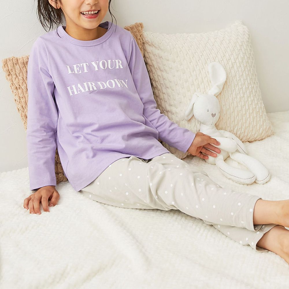 100%棉 高腰長袖家居服套裝-英文點點-紫丁香x淺灰