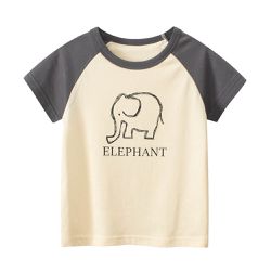 27KIDS - 純棉短袖上衣-線條大象-米杏/深灰