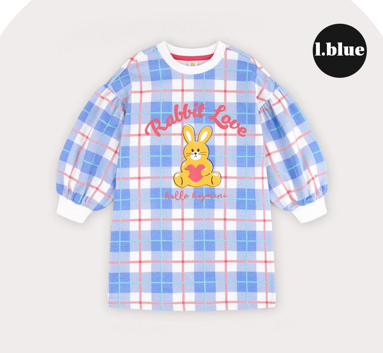 韓國 HEJMINI - 可愛小兔格紋長版連身裙-珊瑚