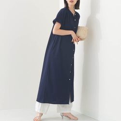日本 OMNES - 接觸涼感 氣質金釦襯衫式短袖洋裝-海軍藍