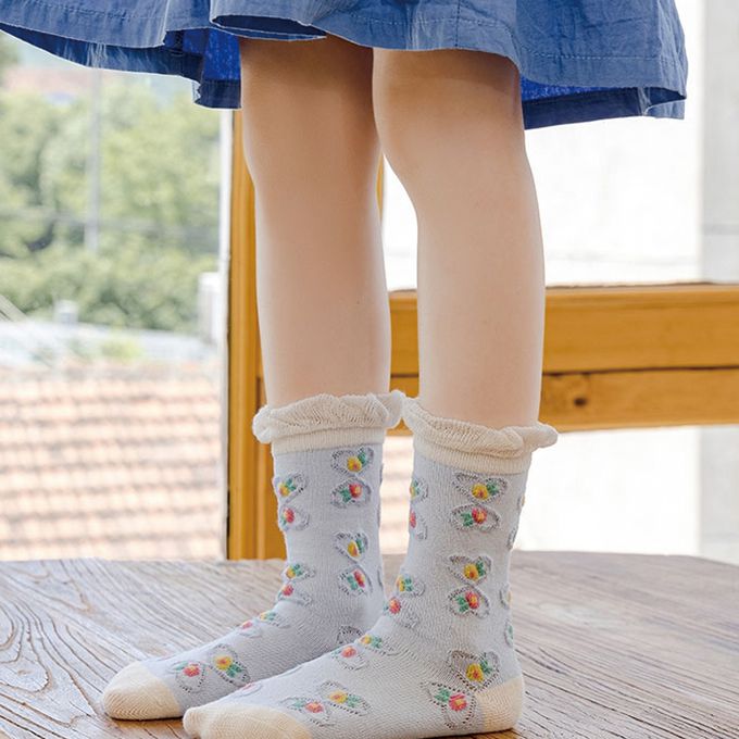 腳ㄚ子 - 兒童棉質中筒襪-藍色風鈴草