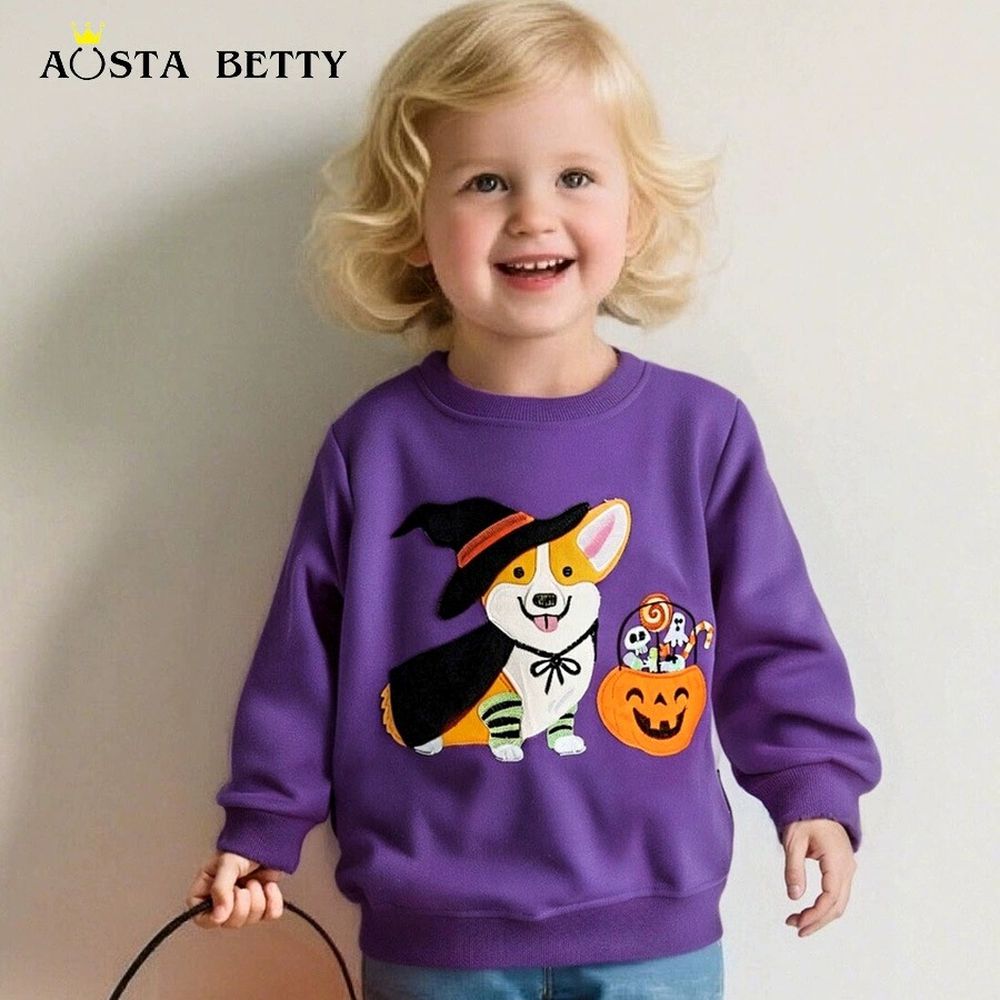 [萬聖節]純棉圓領長袖上衣/大學t-小狗提南瓜-紫色