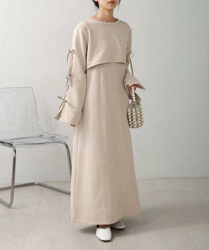 日本 Bab - 袖蝴蝶結層次感喇叭袖洋裝-淺棕 (M)