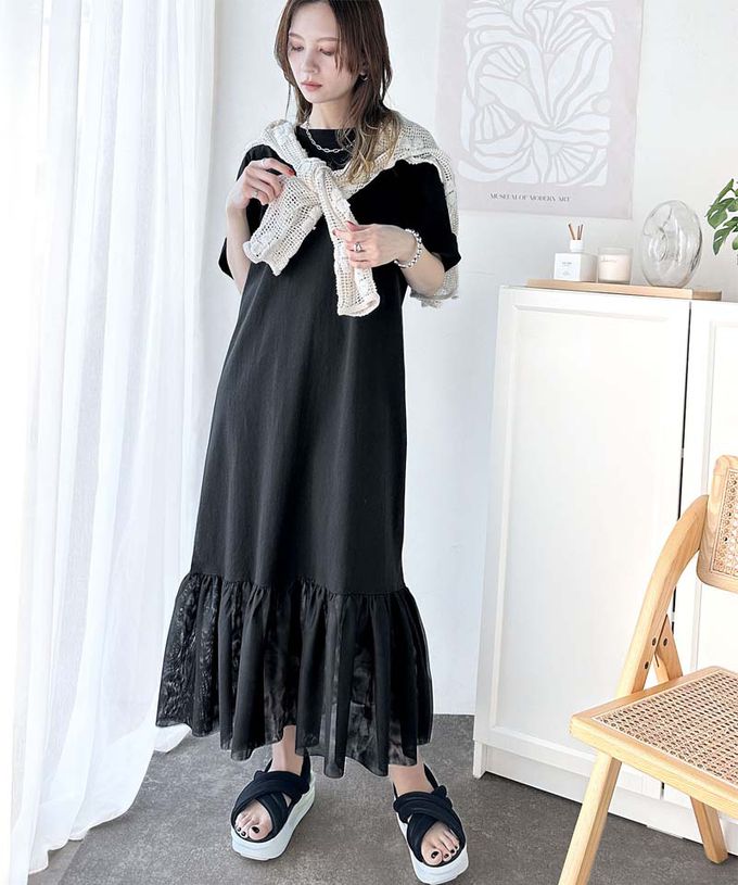 日本 Classical Elf - 飄逸下擺薄紗休閒短袖洋裝-炭灰