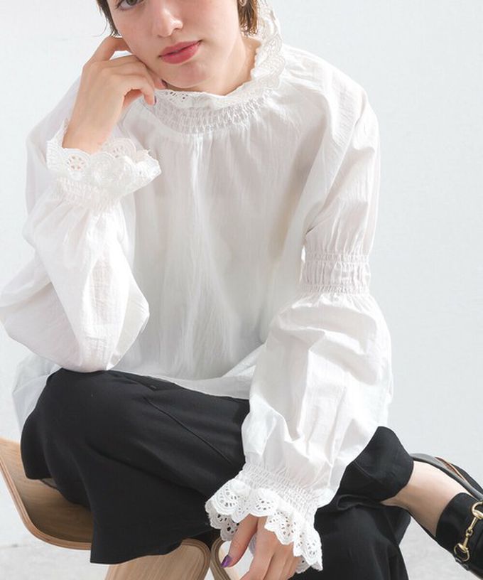 日本 Lupilien - 100%棉 典雅貝殼蕾絲宮廷長袖上衣-白