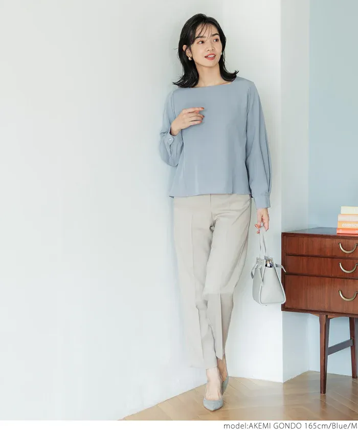 日本 COCA - 裏起毛方領珍珠釦長袖上衣-灰藍