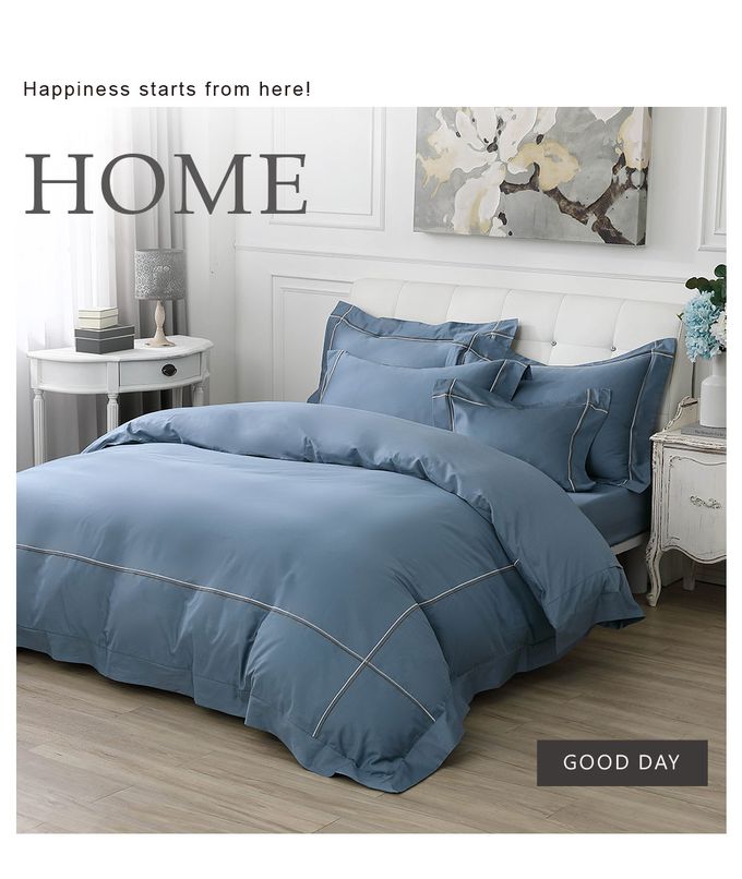 鴻宇 HongYew - 雙人加大床包枕套組 300織美國棉 純色刺繡-迷霧藍