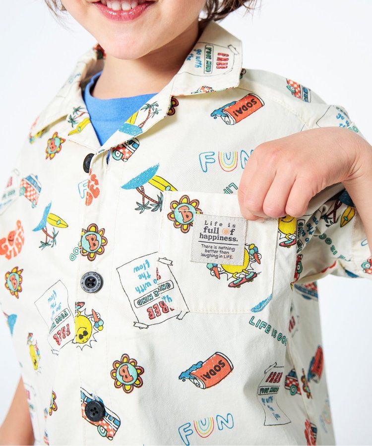 日本 BREEZE - 帥氣印花開襟短袖襯衫-丹寧藍