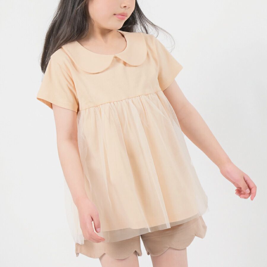 日本 evercloset - 甜美雙層紗娃娃領短袖上衣-粉橘