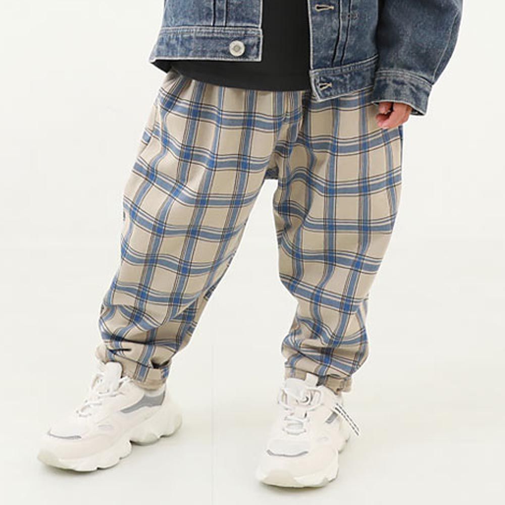 日本 devirock - 100%棉 活力休閒長褲-格紋-藍卡其