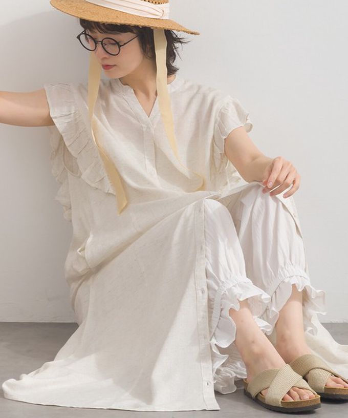 日本 Lupilien - 嫘縈混紡開襟柔軟荷葉短袖洋裝-海軍藍