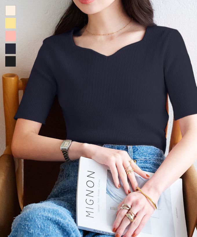 日本 Kobe Lettuce - 桃心領羅紋合身短袖上衣-黑