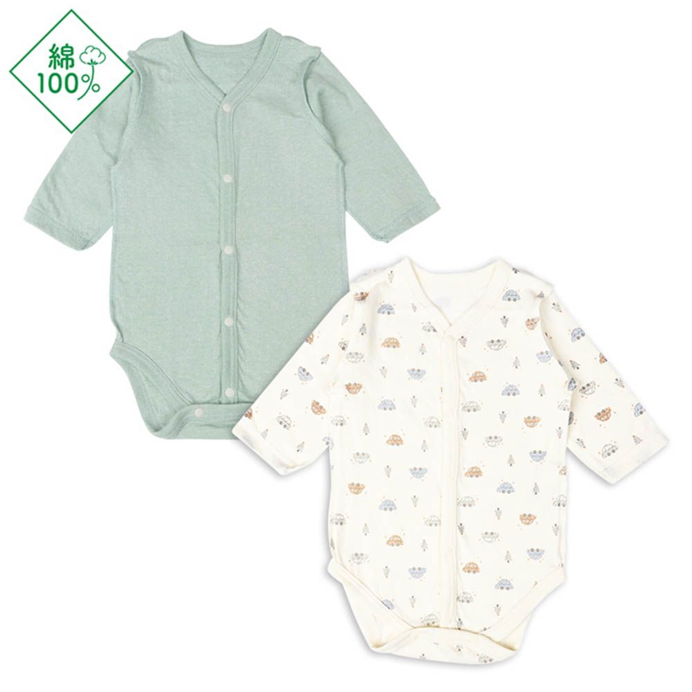 長袖包屁衣2件組-蓬鬆棉 前開式 汽車-綠色