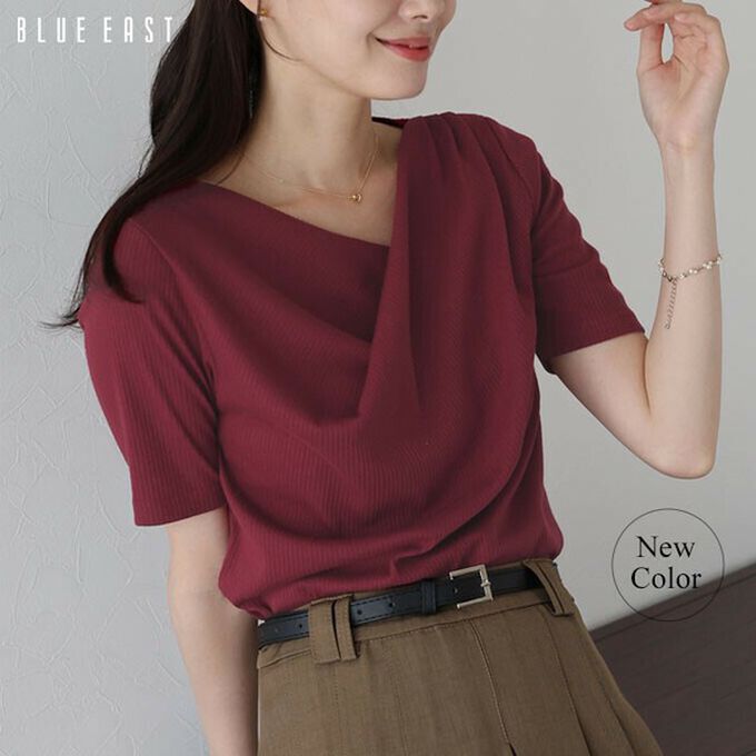 日本 BLUE EAST - 美型羅紋皺摺V領短袖上衣-水藍