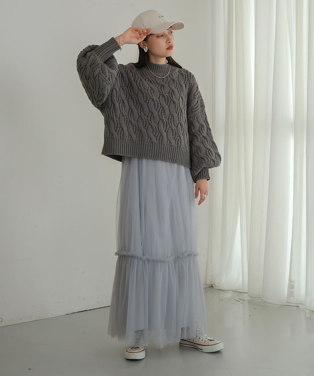 日本 Bab - 麻花編織圓領泡泡袖毛衣-粉膚