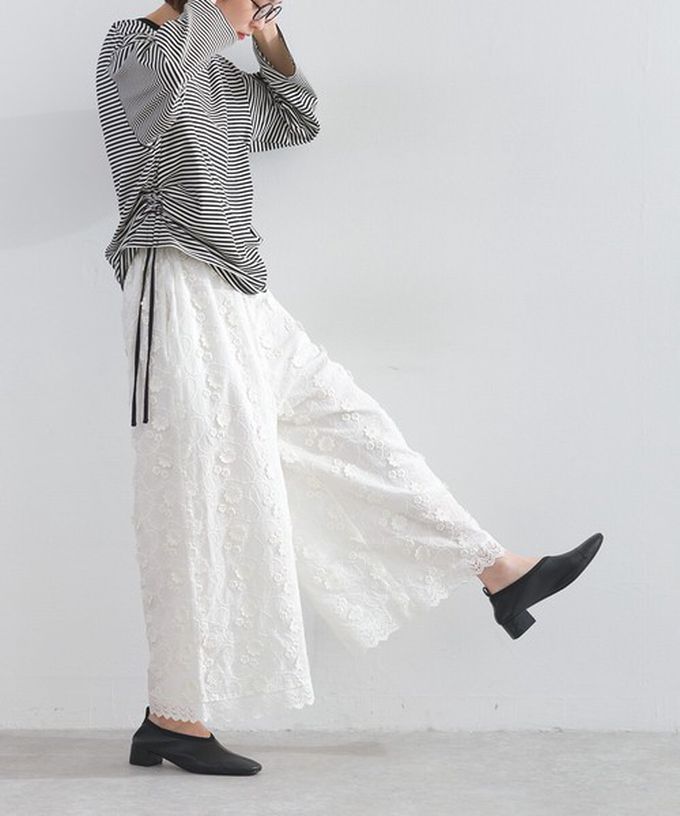 日本 Lupilien - 100%棉 奢華滿版緹花刺繡寬褲-黑