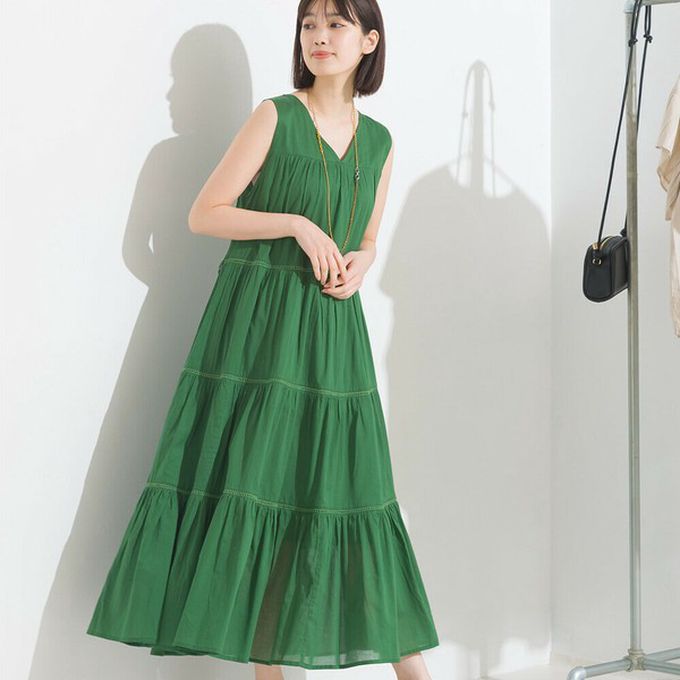 日本 OMNES - 100%印度棉 巴里紗分層V領無袖洋裝-咖啡