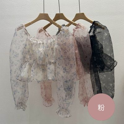 韓國女裝連線 - 浪漫花漾皺褶泡泡袖雪紡襯衫-粉 (FREE)