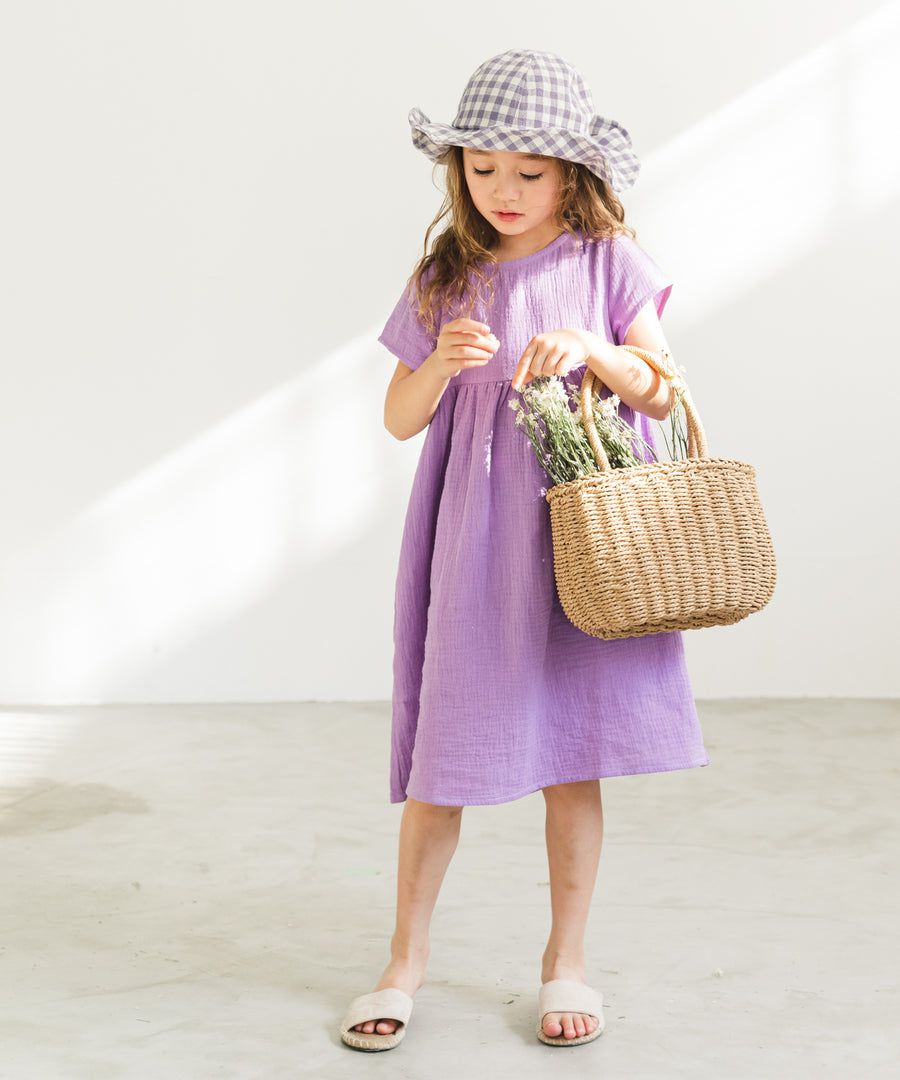 日本 PAIRMANON - 純棉微皺感短袖素色洋裝(孩子)-紅