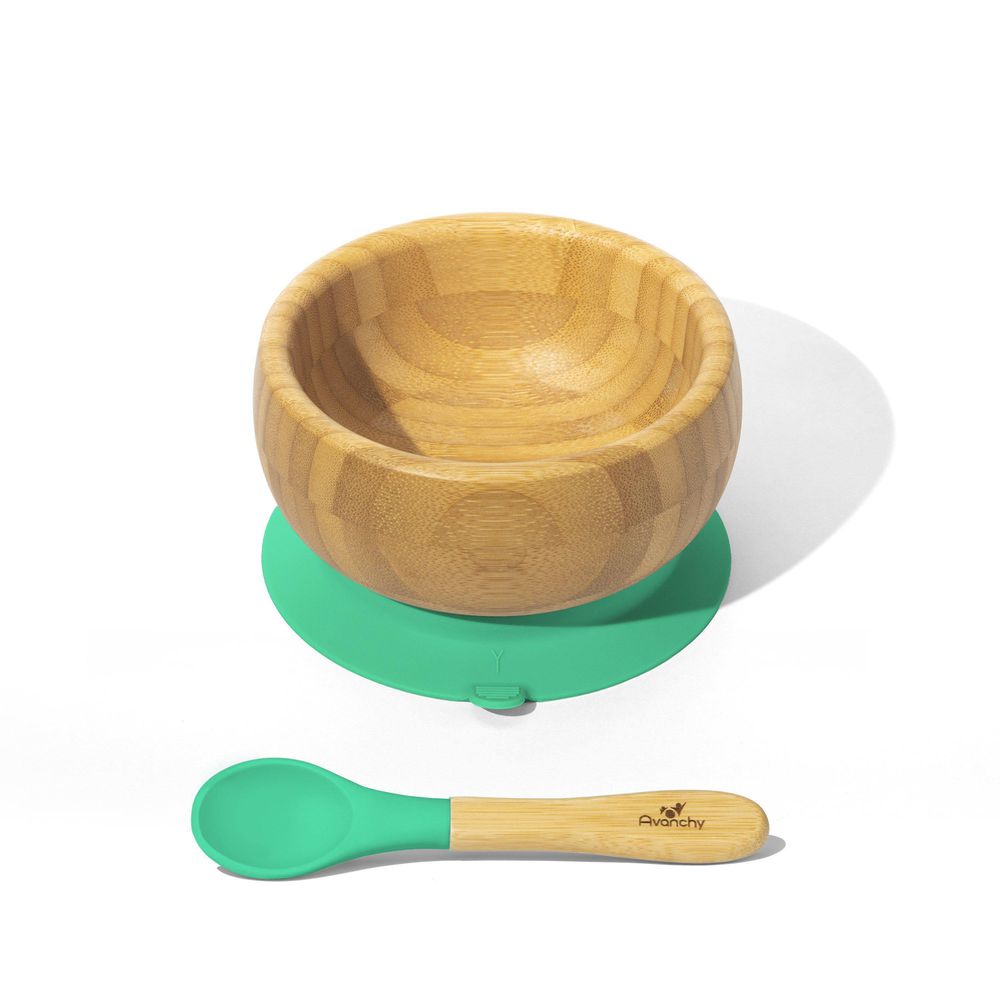 Avanchy - 有機竹製吸盤式餐碗套裝-附有機竹製矽膠湯匙-短柄-綠