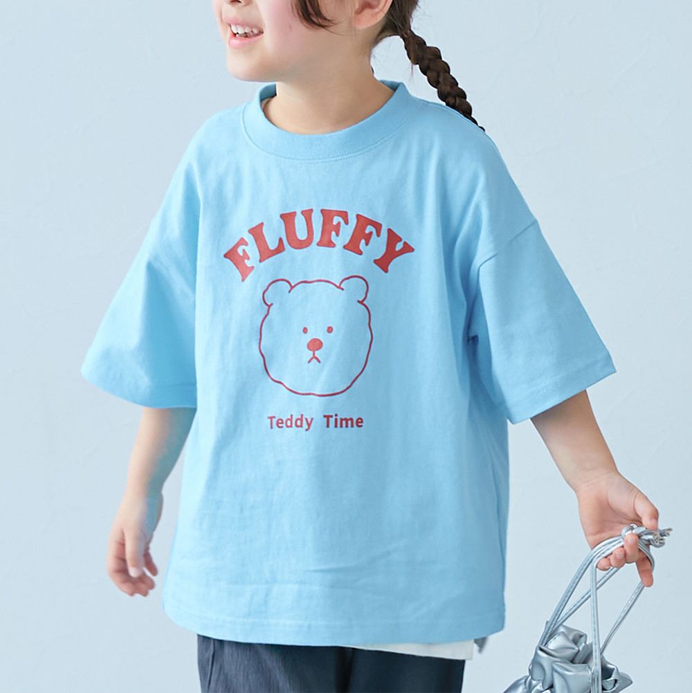 100%棉 可愛女孩寬版短袖上衣-鬆軟熊熊-水藍