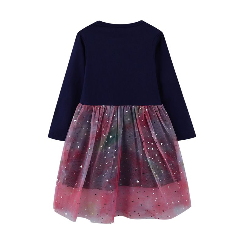 Jumping meters - 棉質圓領長袖連身網紗洋裝-獨角獸幻影-深藍+粉紅