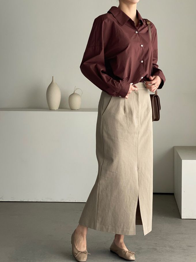 韓國女裝連線 - 知性背後抓褶翻領長袖襯衫-咖啡紅 (FREE)