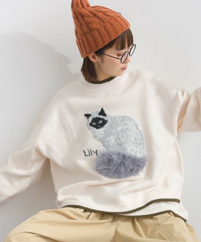 日本 Lupilien - 毛絨尾巴貓咪設計感針織長袖上衣-深灰