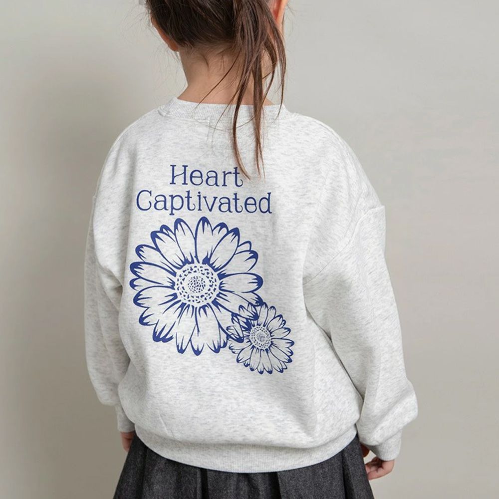 裏起毛 可愛女孩縮口長袖上衣-花朵-淺灰