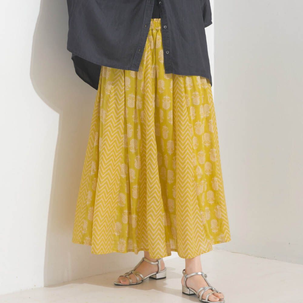 100%印度棉 奢華印花飄逸感長裙-黃