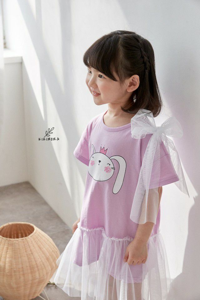 韓國 kikimora - 單邊緞帶皇冠兔網紗拼接洋裝-粉紫