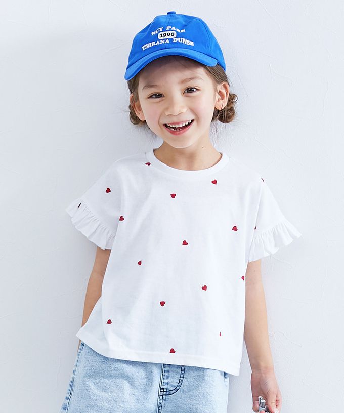 日本 devirock - 愛心印花荷葉邊短袖上衣-黑