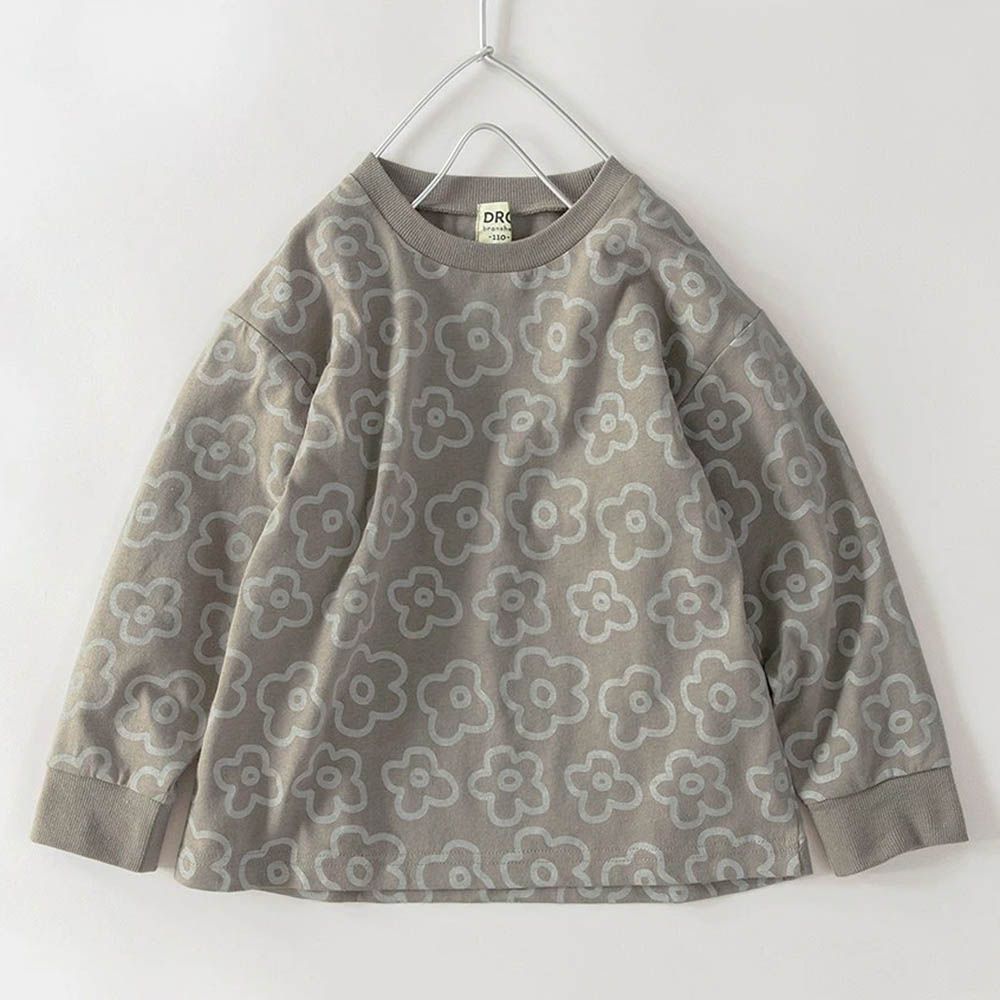 100%棉 可愛女孩印花長袖上衣-滿版花朵-灰棕