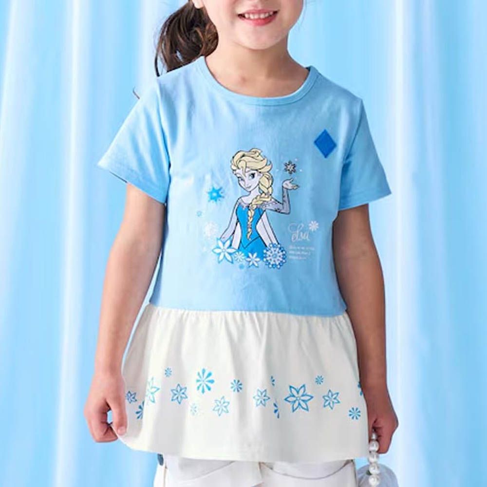 迪士尼 分層荷葉下擺短袖上衣-卡通人物艾莎-水藍