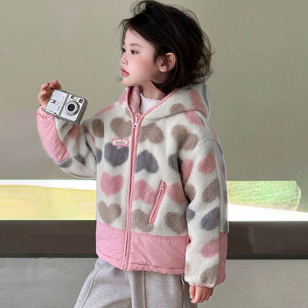 羊羔絨感鋪棉連帽外套-愛心-拼色粉