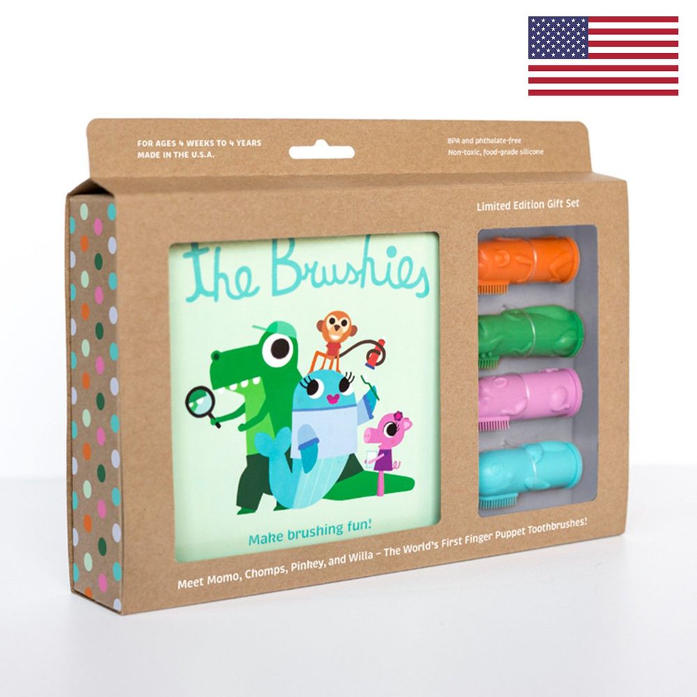 美國 The Brushies - 手指玩偶造型牙刷 - 豪華禮盒組（猴子桃桃+豬小妹+恐龍阿姆+鯨魚薇拉）-1本英文童書+4支角色手指牙刷