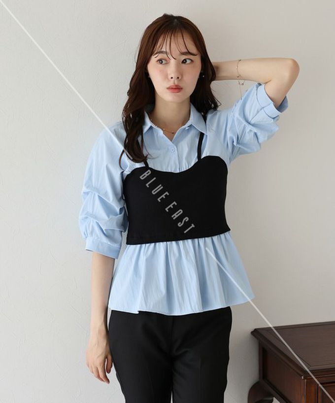 日本 BLUE EAST - 假二件俐落時尚疊穿五分袖上衣-黑x水藍