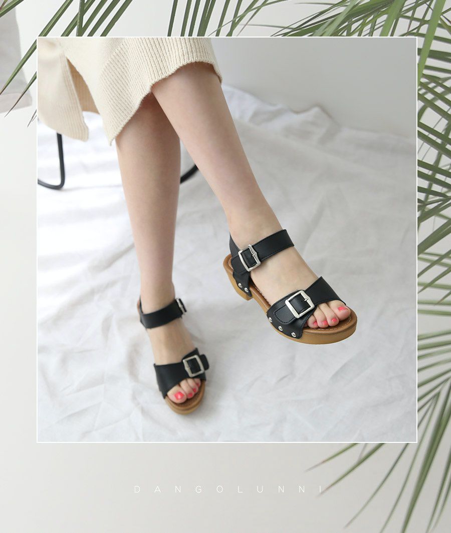 韓國 Dangolunni - 真皮鉚釘格厚底涼鞋-黑